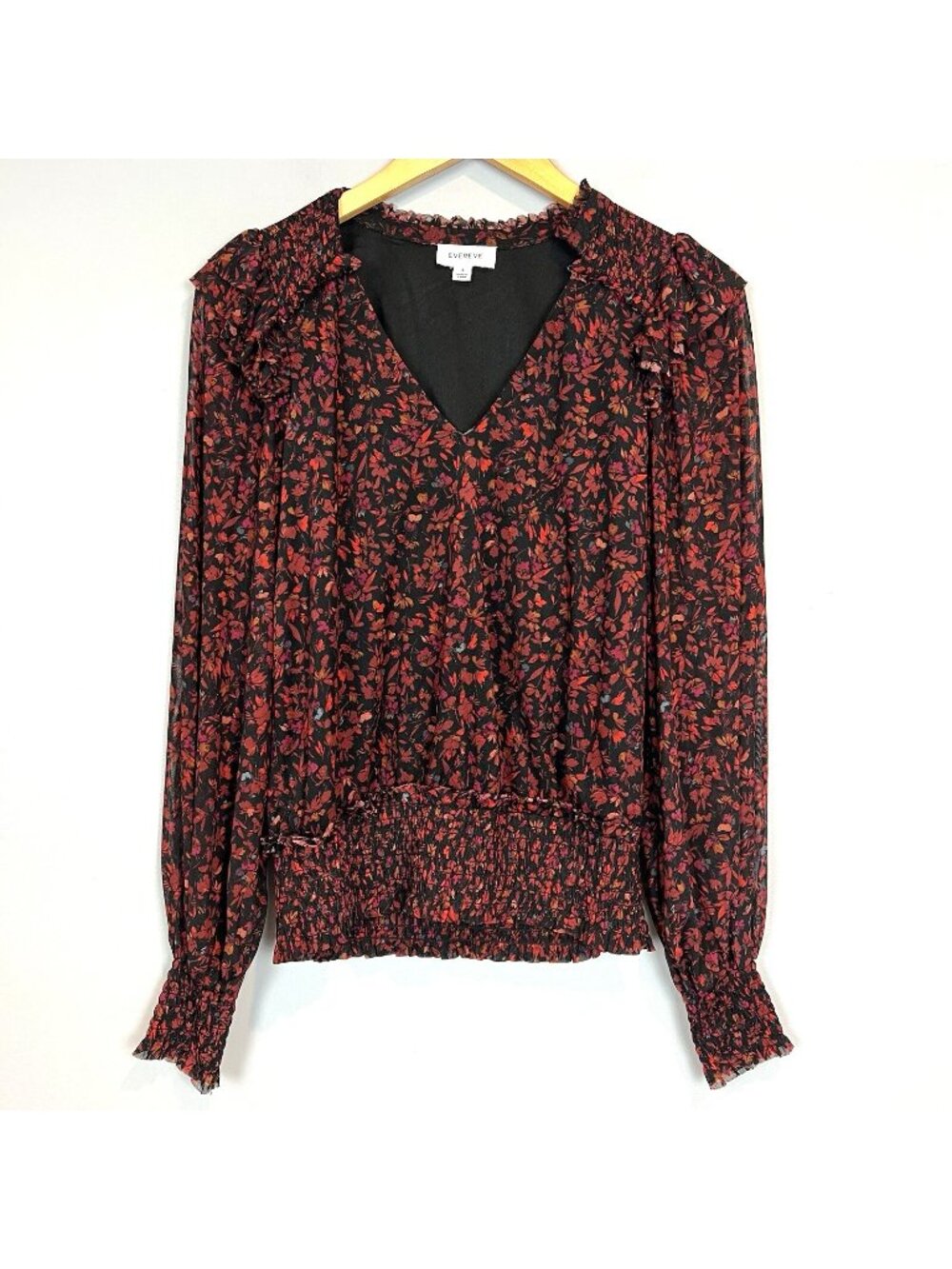 Evereve Size Small Blouse Koda Floral Smocked Collar V Neck Long Sleeve Mesh